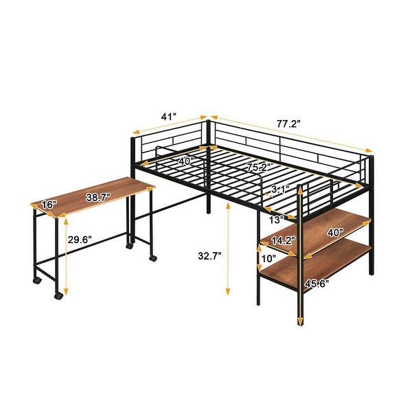 Modern Twin Size Metal Loft Bed w/ Desk & Shelves Platform Bed Frame for Kids, Teens No Box Spring Needed, Easy Assembly