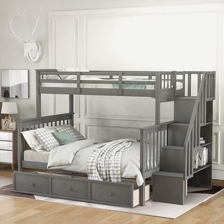 Grey Twin Over Full Wood Bunk Bed with Drawers & Stairs