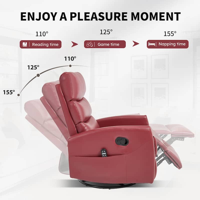 360° Swivel Rocking Recliner with Heat & Massage in Faux Leather
