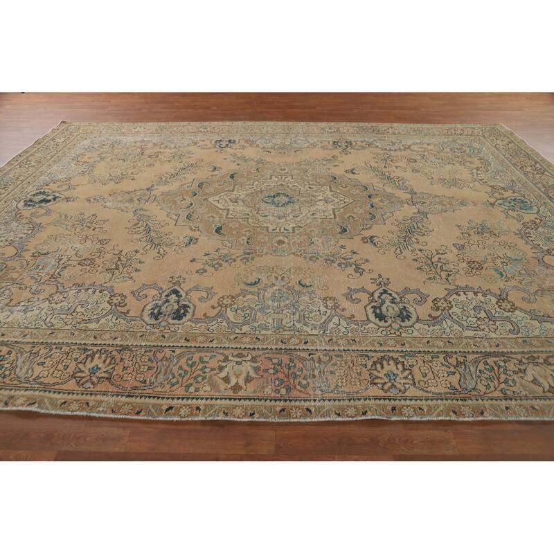 Distressed Tabriz Vintage Persian Rug Handmade Peach Wool Carpet - 9'9" x 12'9"