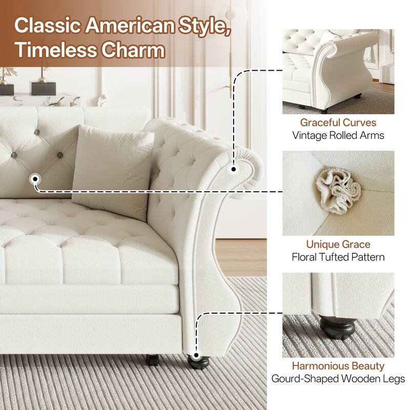 83.8" Chesterfield Velvet Pull-Out Sofa Bed, Classic Roll Arm Sleeper Couch with Elegant Flower Tufting