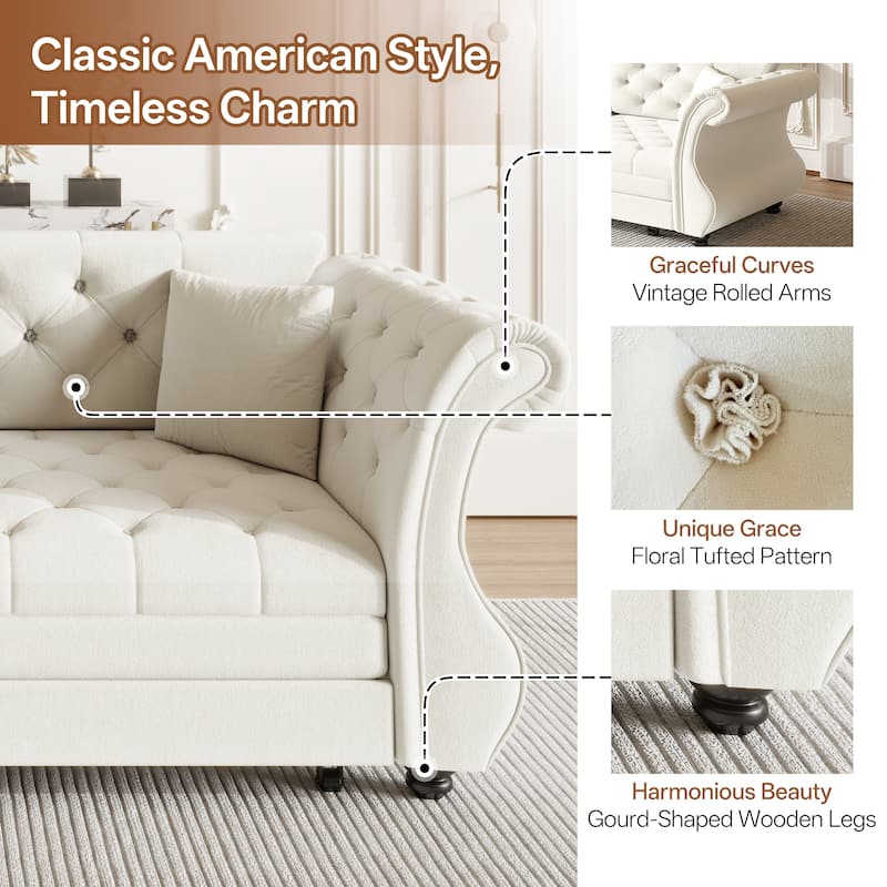 83.8 Inch Chesterfield Pull Out Sofa Bed, Velvet Roll Arm Couch with Flower Tufting, Convertible Sleeper