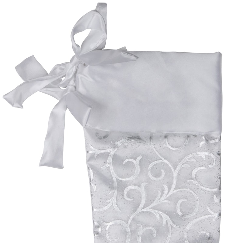 19in White and Silver Filigree Christmas Stocking with Bows