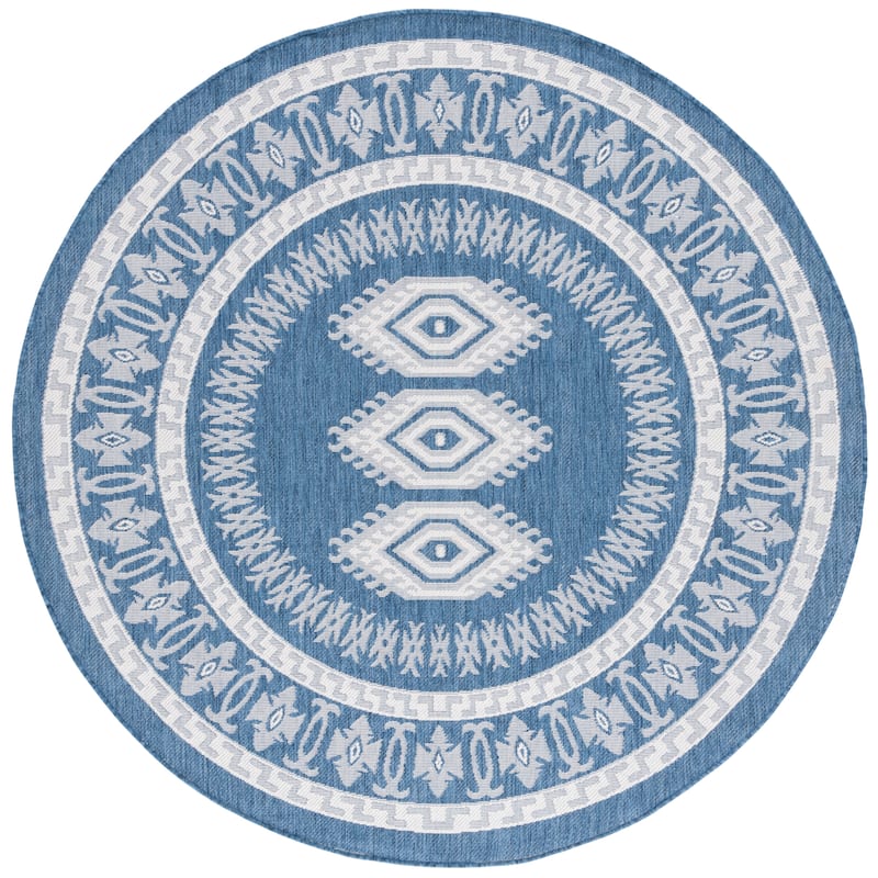 SAFAVIEH Bermuda Onoria Geometric Indoor/Outdoor Waterproof Rug - 6'7" Round - Navy/Ivory