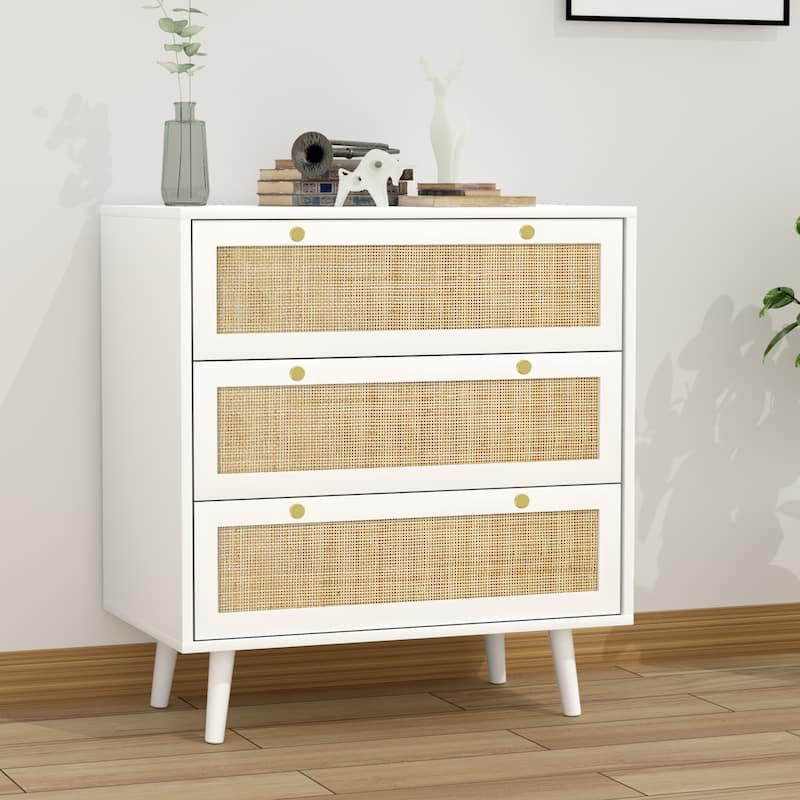 Anmytek Mid-Century Modern 3-Drawer White Dresser Rattan Chest of Drawers Storage Organizer for Bedroom