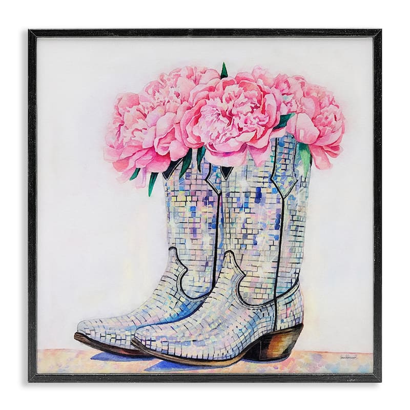Stupell Floral Shimmering Cowgirl Boot Framed Giclee Art Design By Amanda Greenwood - 12 x 12 - Black