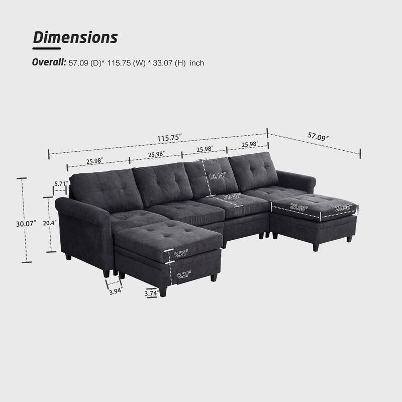 115.75'' U-Shaped 6-Seat Sectional Sofa with Storage and Double Chaise, Easy to Assemble for Living Room