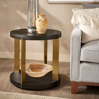 Vennesla Gold Finish Metal Dark Brown Faux Shagreen Round End Table by iNSPIRE Q Bold
