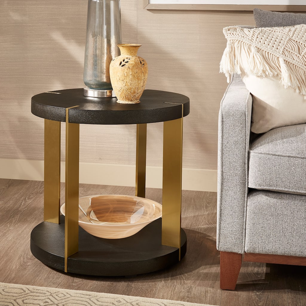 Vennesla Gold Finish Metal Dark Brown Faux Shagreen Round End Table by iNSPIRE Q Bold