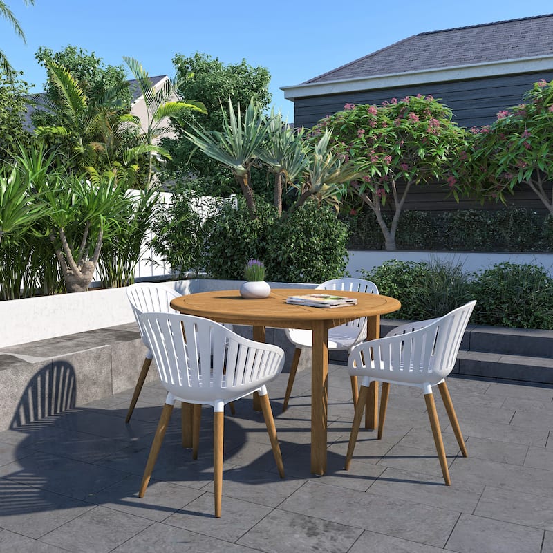 Amazonia Glende 5pc Wood Outdoor Patio Round Dining Set - White Chairs and Wood Legs