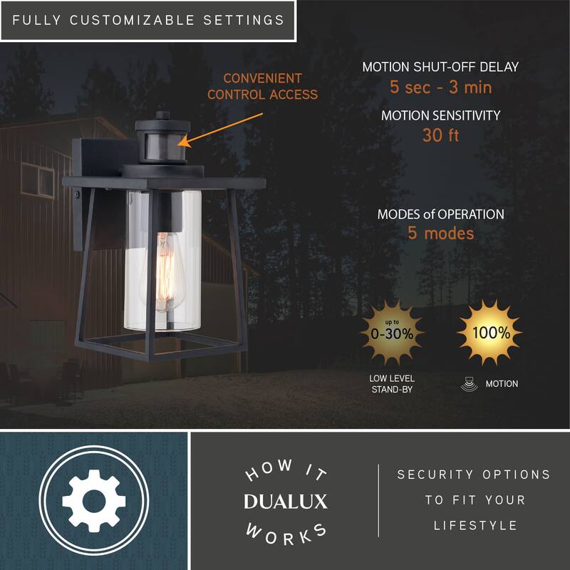 Geneva 7-in. W 1 Light Black Motion Sensor Dusk to Dawn Outdoor Wall Lantern Clear Glass - 7-in W x 11.25-in H x 7.75-in D