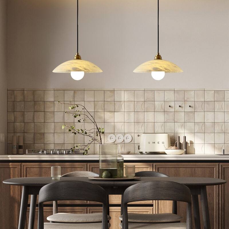 KAYLA Nordic Pendant Light Fixture - Round Alabaster Hanging Lamp with Brushed Brass Finish for Kitchen Island, Dining Room