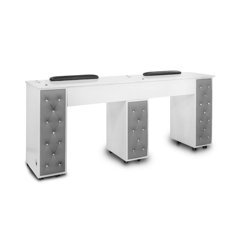 Drexel Manicure Table Double Nail Station Marble Top Desk, Grey Tufted Cushion - N/A - Cabinet - White