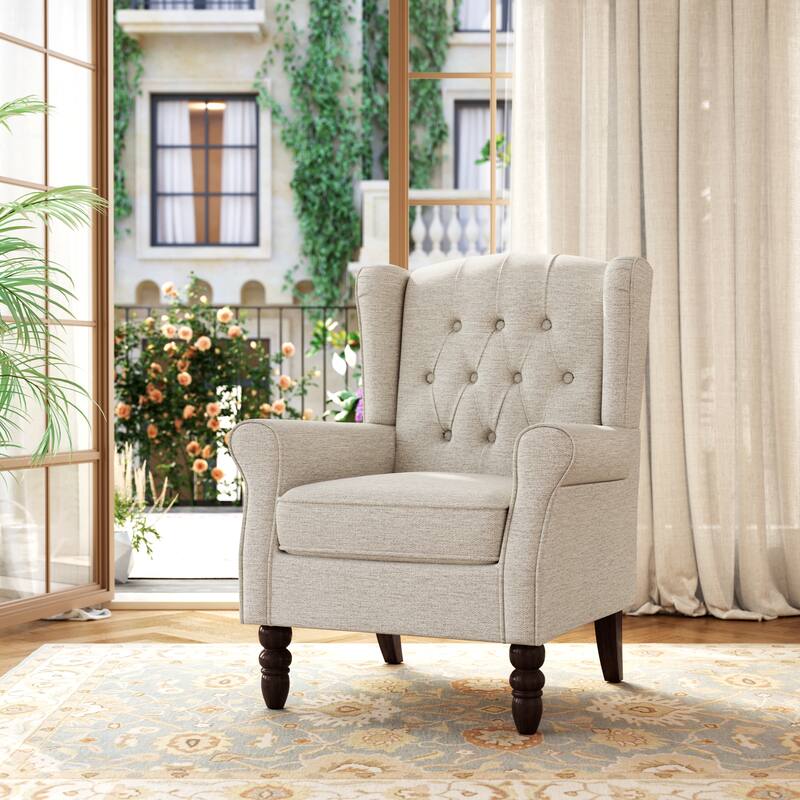 Tufted Wingback Upholstered Accent Chair for Living room - Beige Linen