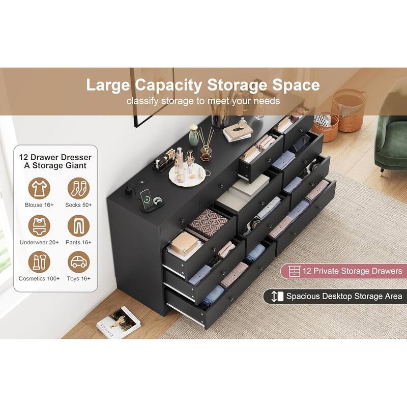 Dresser for Bedroom,12 Drawer Dressers & Chests of Drawers, Wood Storage Drawer Dresser with Power Outlet