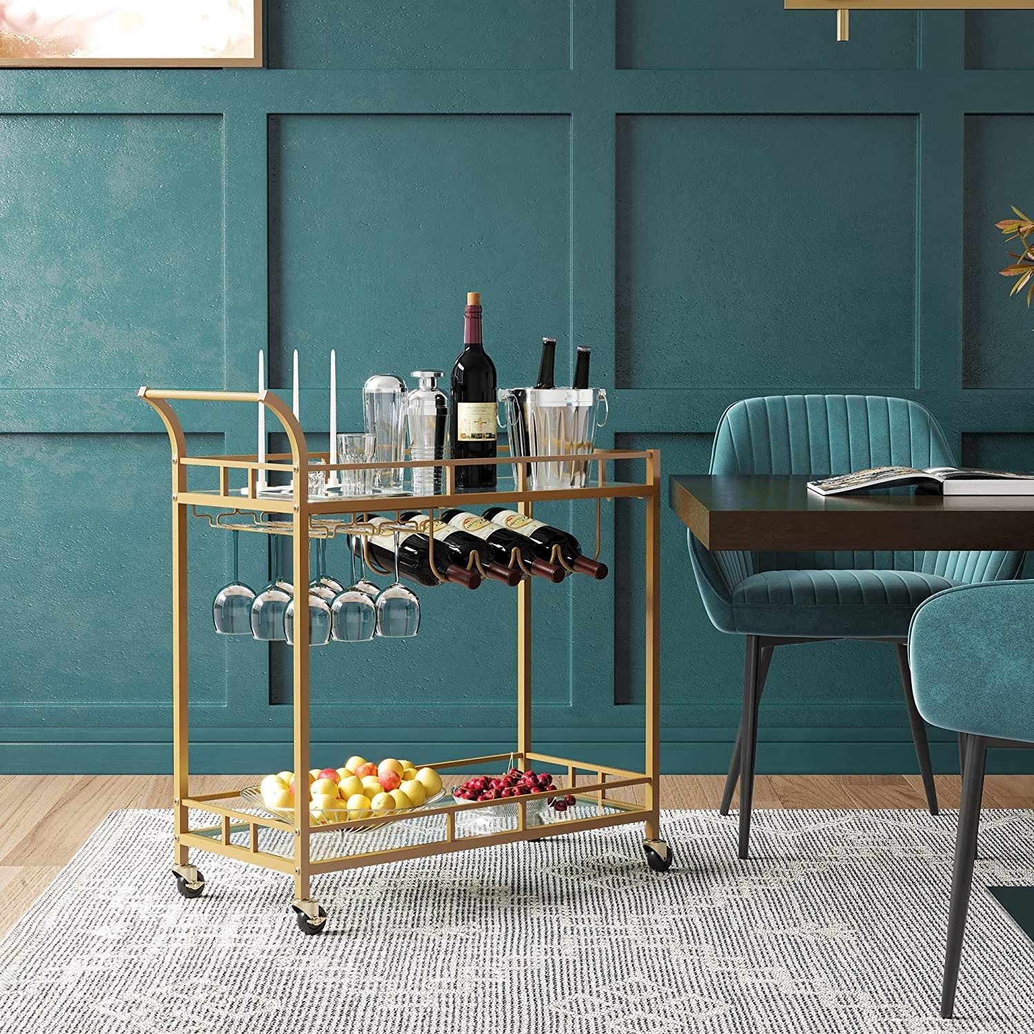 Bar Cart Gold Home Bar Serving Cart Wine Cart with 2 Mirrored