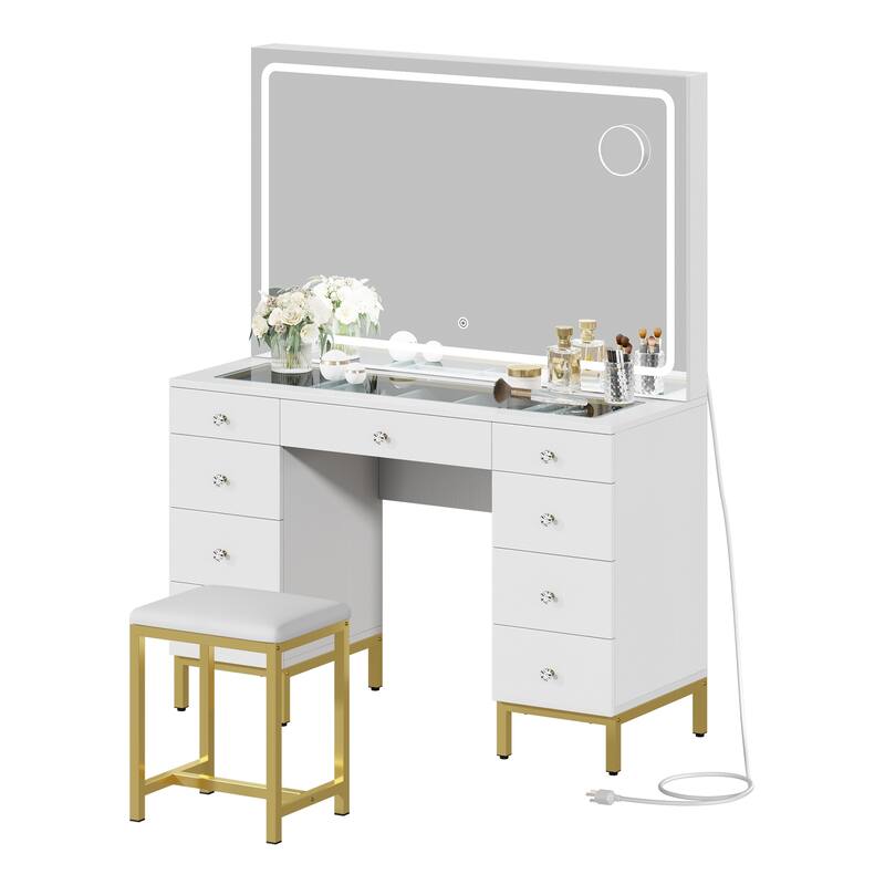 45" Vanity Desk Set with 9 Drawers and Large Hollywood Bulbs Mirror Power Outlet