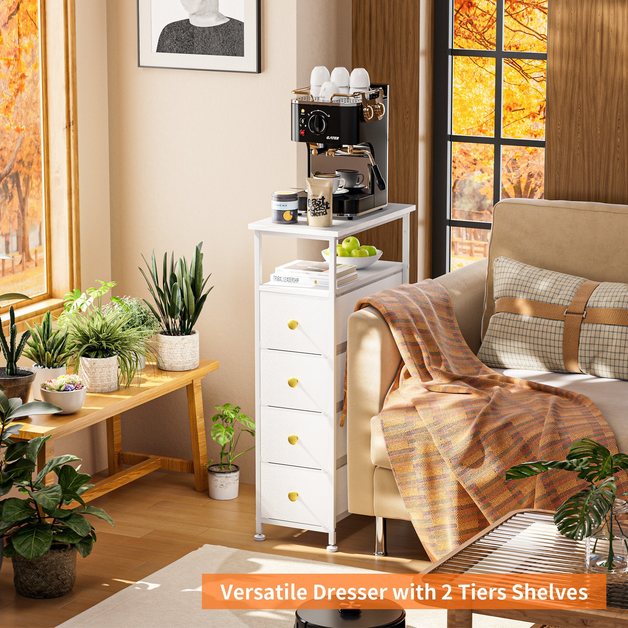 4 Narrow Drawers Dresser & Shelves for Bedroom, Bathroom, Leather