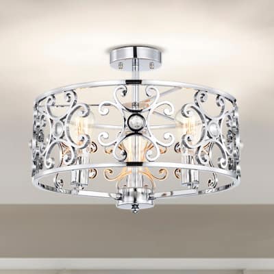 Theofy 18 Inch Glam-Modern Drum Shade Semi Flush Mount 3-Light