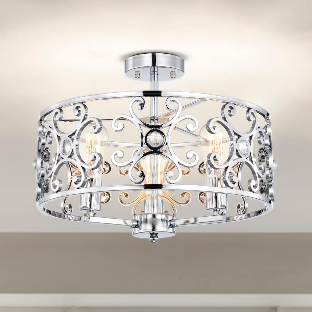 Theofy 18 Inch Glam-Modern Drum Shade Semi Flush Mount 3-Light