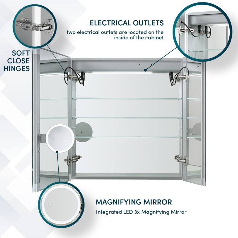 AQUADOM Edge Royale Bathroom Led Lighted Medicine Cabinet Defogger, 3X LED Adjustable Magnifying Mirror, Electrical Outlets.