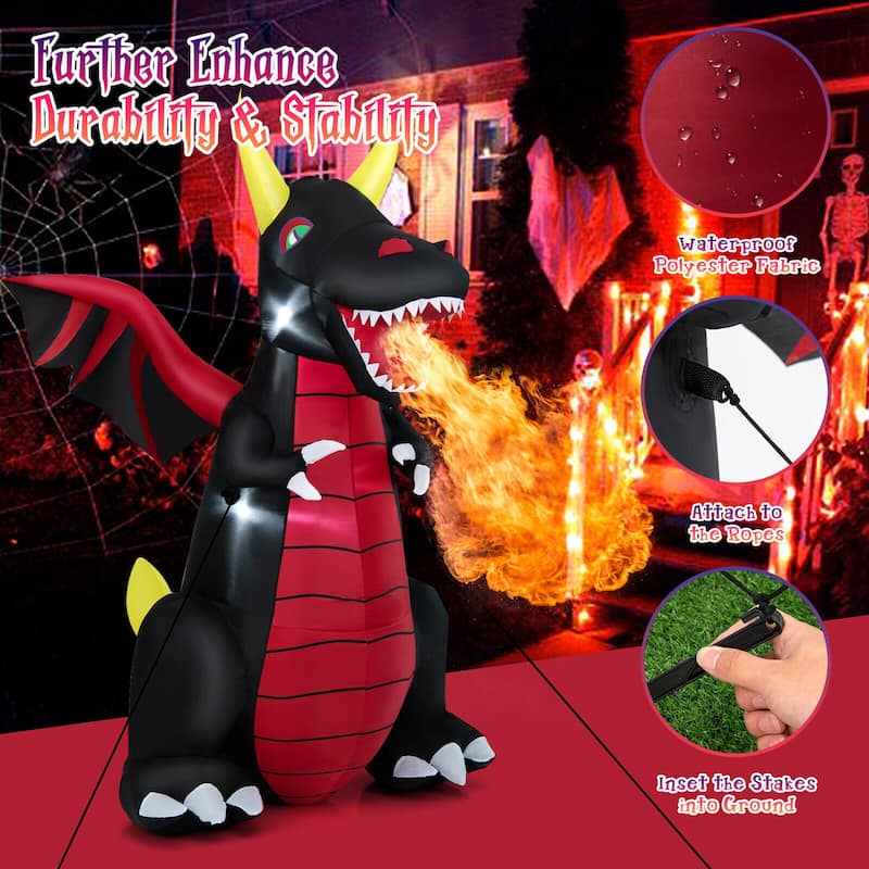 8 Feet Inflatable Fire Dragon Halloween Decoration with LED Lights for Yard Lawn Garden and Party - 4.6' x 5' x 8' (L x W x H)