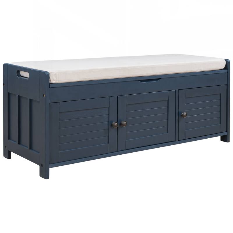 Storage Bench with 3 Shutter-shaped Doors, Shoe Bench with Removable Cushion and Hidden Storage Space