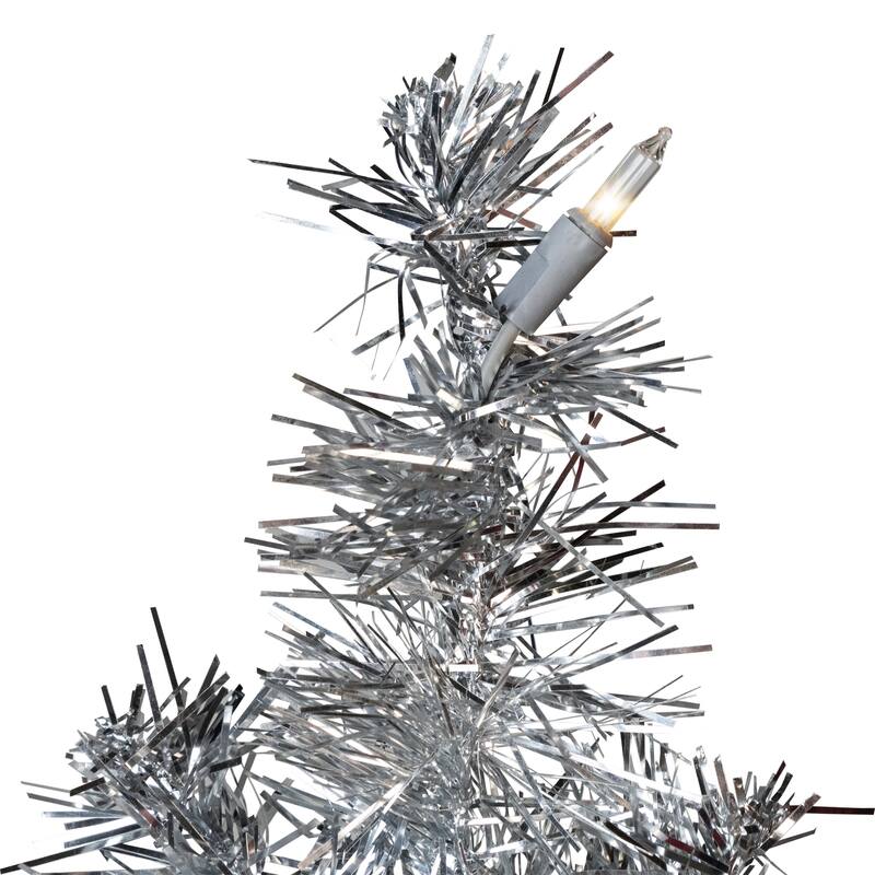 Pre-Lit Artificial Tinsel Christmas Tree - 3' - Silver - Clear Lights - 3 Foot
