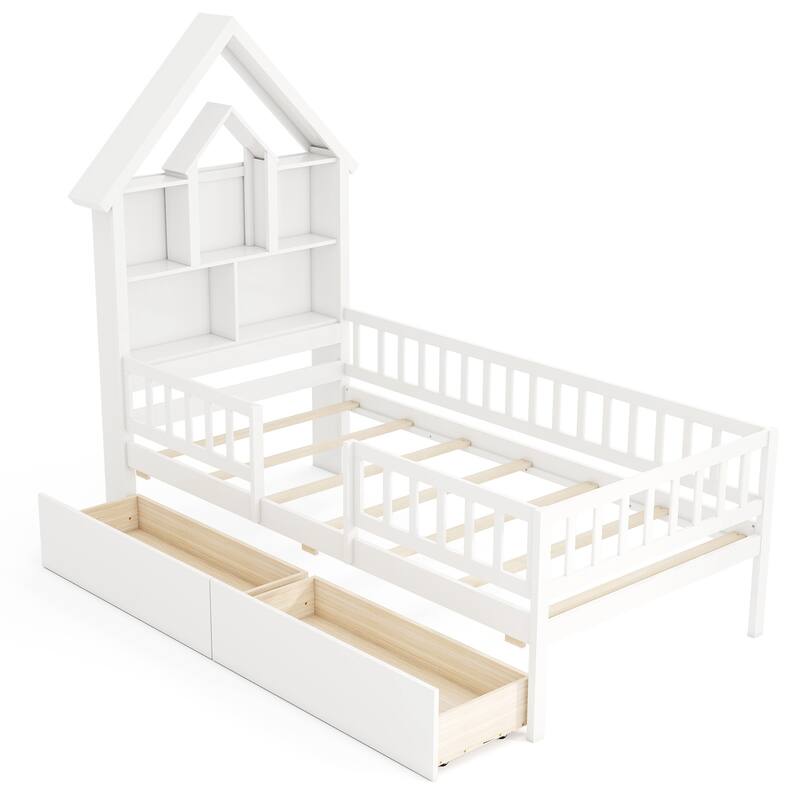 Gymax Twin Size House Bed w/ 2 Drawers Kids Montessori Bed w/ Storage