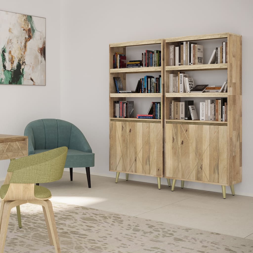 WYNDENHALL Bissell SOLID MANGO WOOD 72 x 30 inch Contemporary Bookshelf with Doors in Natural - 15" d x 30" w x 72" h
