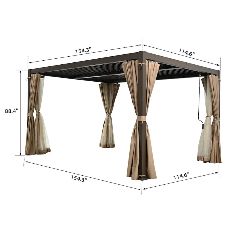 10 ft. x 13 ft. Aluminum Louvered Pergola with Adjustable Roof and Curtains