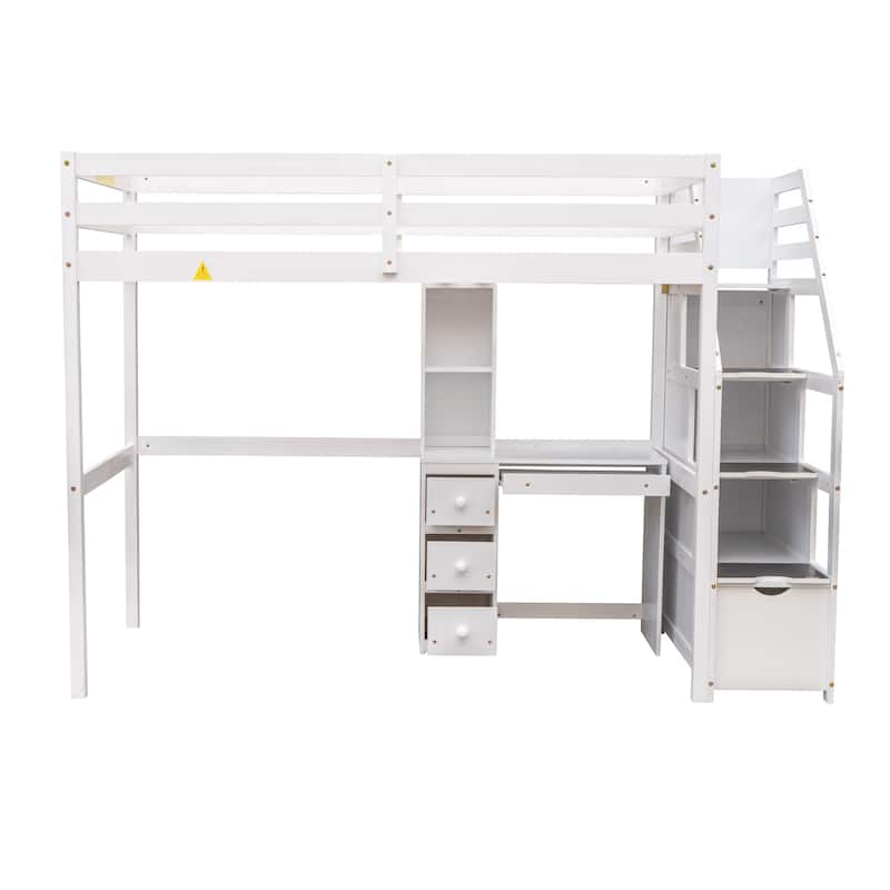 Twin Over Twin Loft Bed with a Stand-alone Bed & Storage Staircase, Solid Wood Twin Bed Frame with Desk, Shelves and Drawers