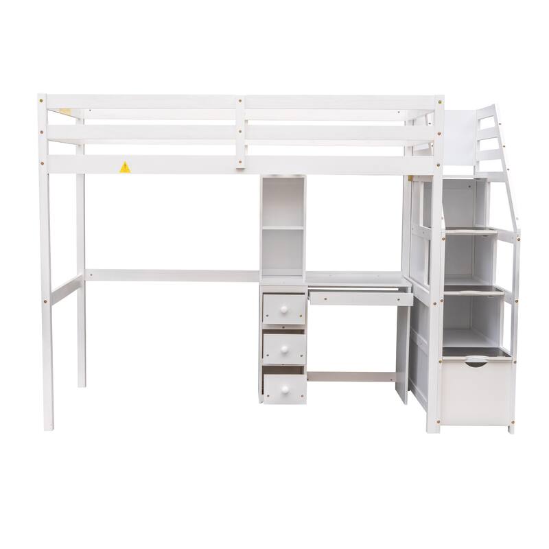 Twin Size Loft Bed with Stand-alone Bed, Storage Staircase, Desk, Shelves, and Drawers in White