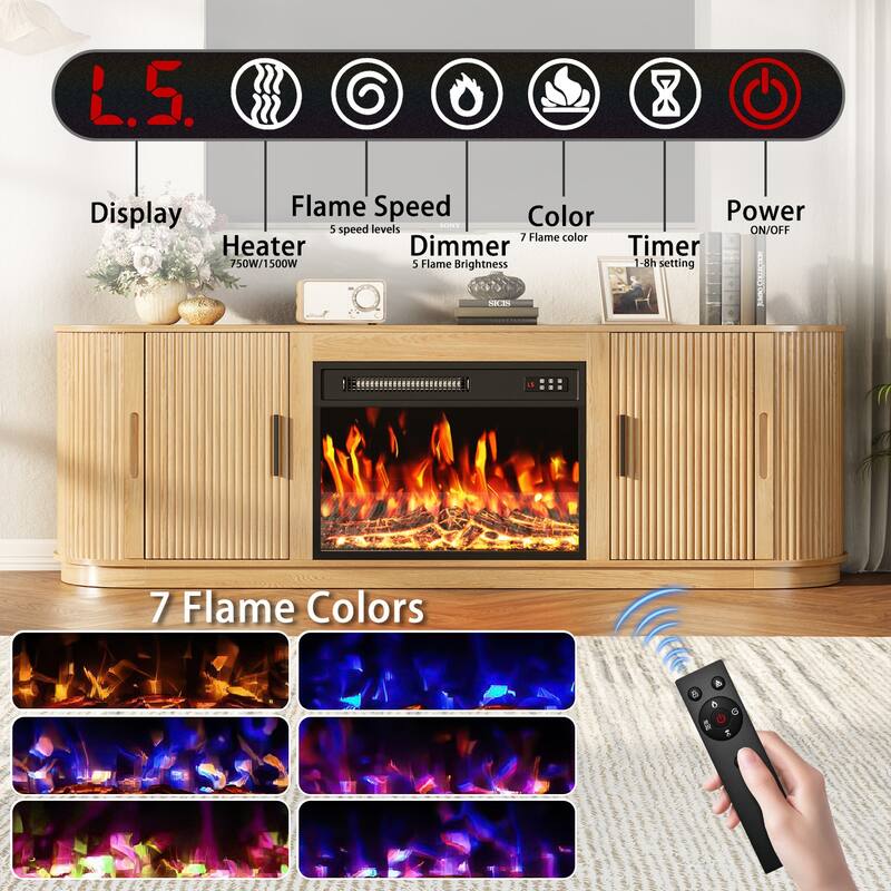 BOSSIN 70" Electric Fireplace TV Stand with Fluted Design, Curved Edges, 7 Flame Colors & 8H Timer, Holds Up to 80" TV, Black