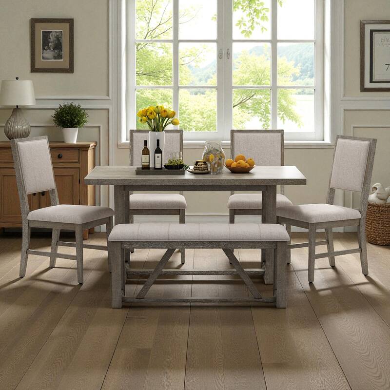 6-Piece Retro Farmhouse Dining Table Set, 60" Wood Table with 4 Upholstered Chairs and Bench for Kitchen & Dining Room