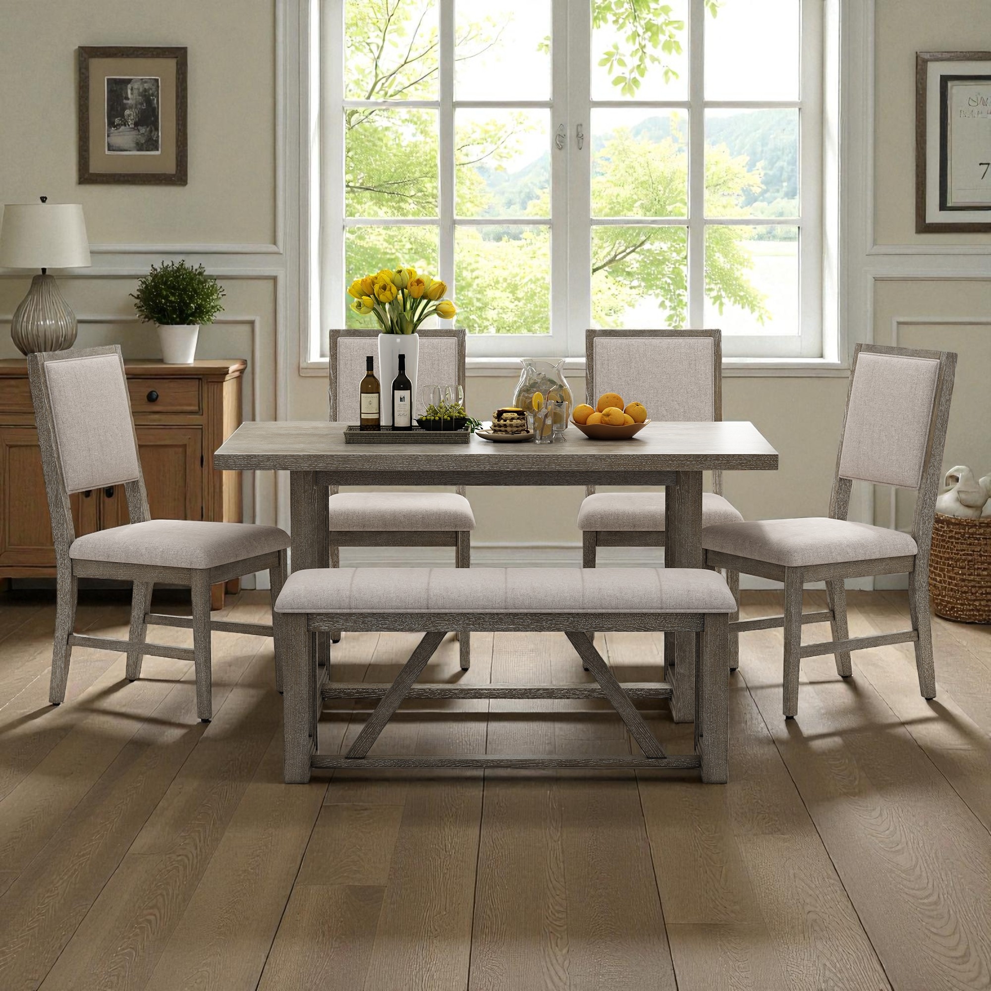 6-Piece Retro Farmhouse Dining Table Set, 60