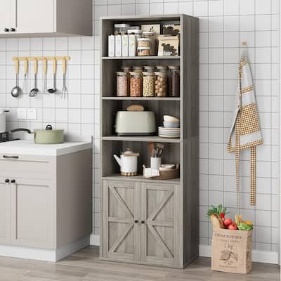 Farmhouse Bookcase with Doors,Display Storage Shelves Industrial Bookcases Wooden 6 Shelf