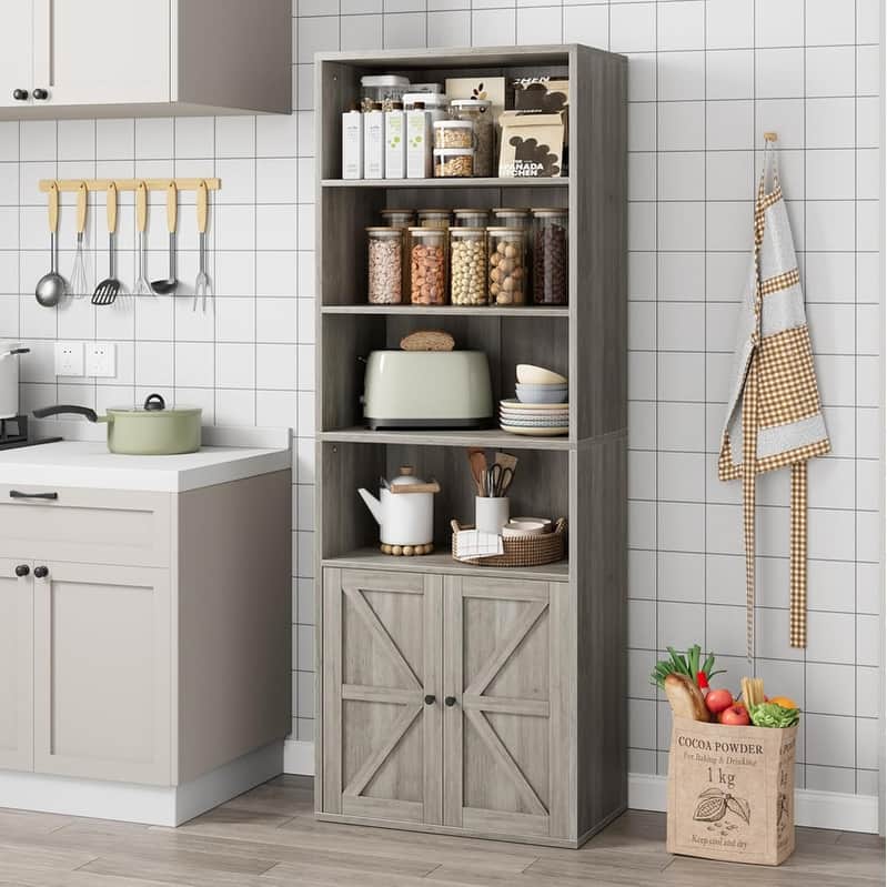 Farmhouse Bookcase with Doors,Display Storage Shelves Industrial Bookcases Wooden 6 Shelf
