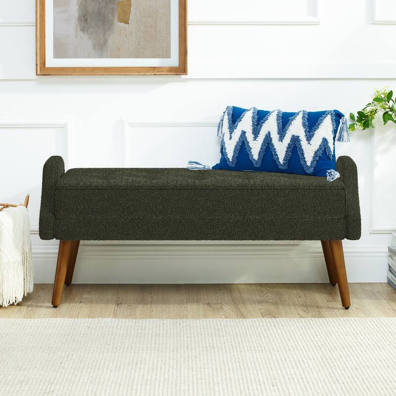Roomfitters Modern Upholstered Bench with Looped Yarn Fabric, Geometric Armrests and Rubber Wood Legs for Bedroom or Entryway
