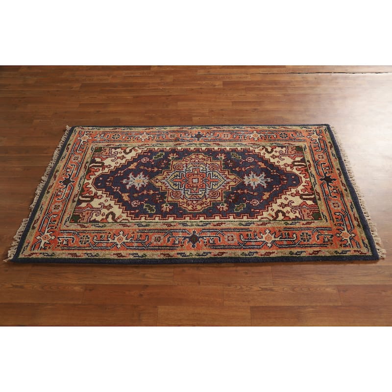 Hand Knotted Oriental 100% Wool Carpet Traditional Medallion Navy Blue & Blues Heriz (serapi) Area Rug - 5' 1'' X 3' 0''