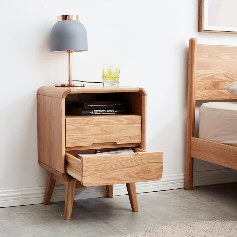 GDFStudio - Brynford Modern Solid Oak Wood Nightstand with Storage Drawers & Rounded Edges - Brown