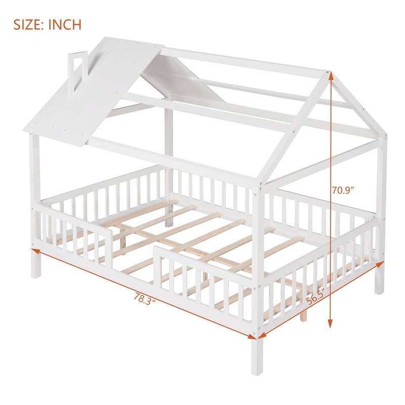 White Full Size Wooden House Bed with Fence and Roof