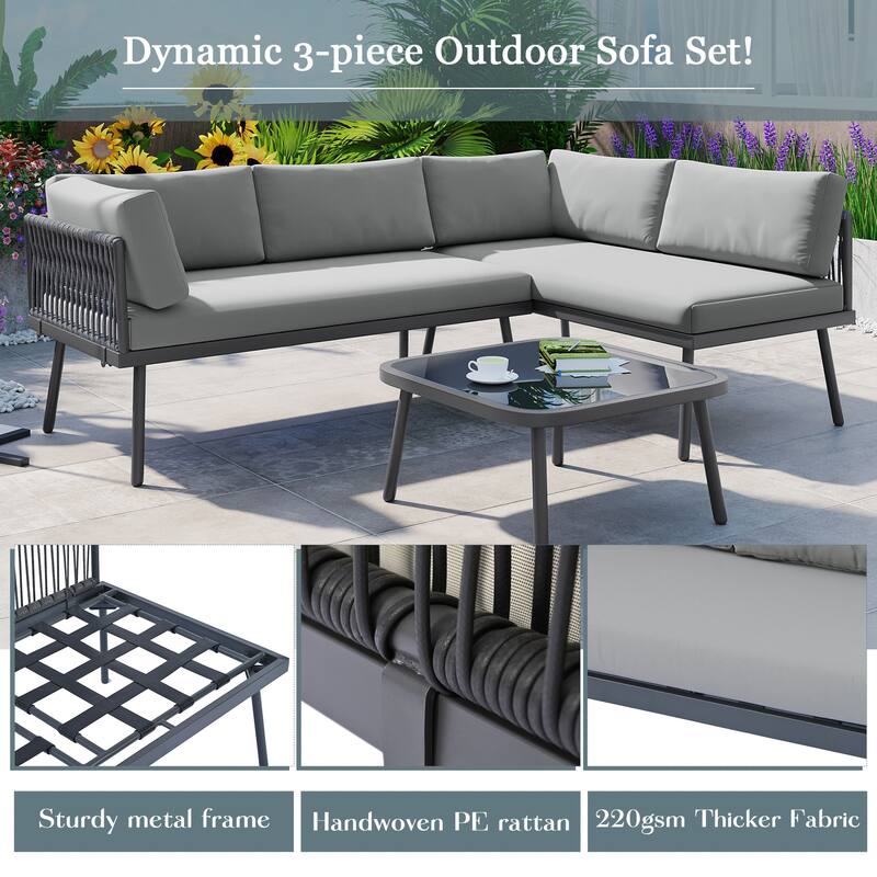 Modern Outdoor 3-Piece PE Rattan Sectional Sofa Set with Cushions and Glass Table
