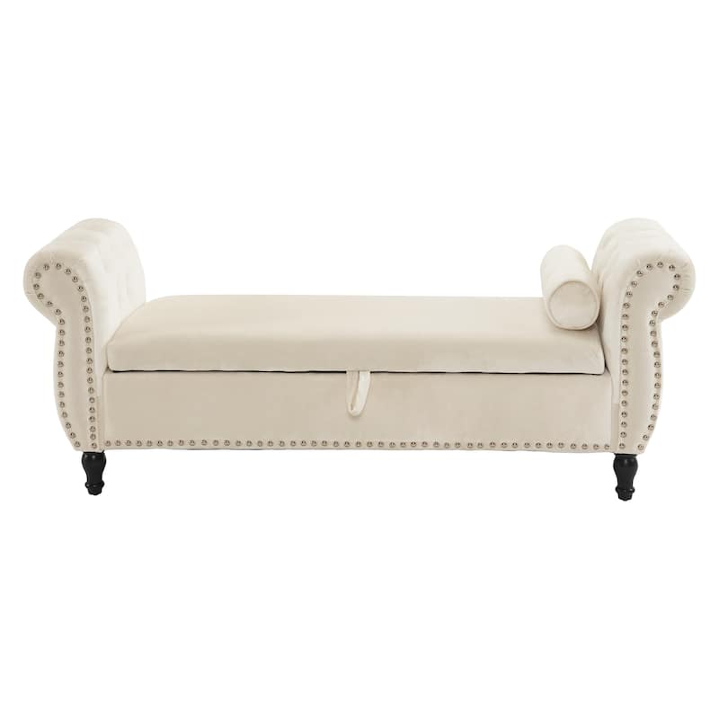 51.25" Velvet Storage Ottoman Bench with Rolled Arms and Wood Legs