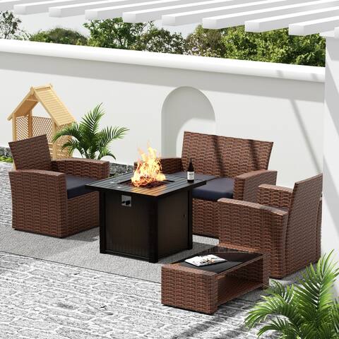 Glo 5-Piece Brown Wicker Patio Set with Propane Fire Pit