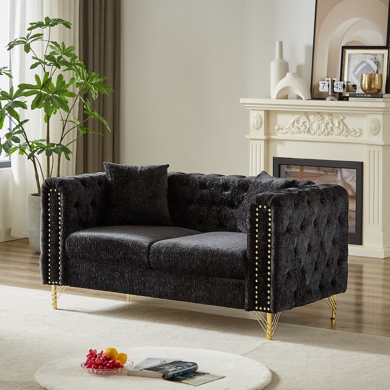 60-Inch Chenille Chesterfield Sofa, Living Room Couch with Buttons Tufted/Copper Nail Decoration Armrest