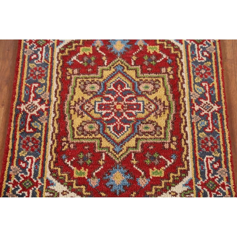 Red Geometric Heriz-Serapi Indian Accent Rug Hand-Knotted Wool Carpet - 2'0"x 3'0"