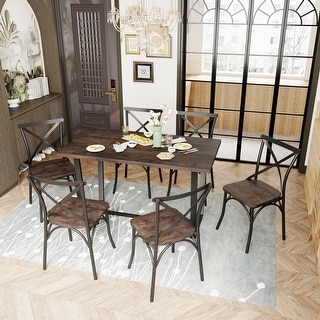 7 Piece Rustic Brown Kitchen Dining Table Set with 6 Chairs and Metal ...