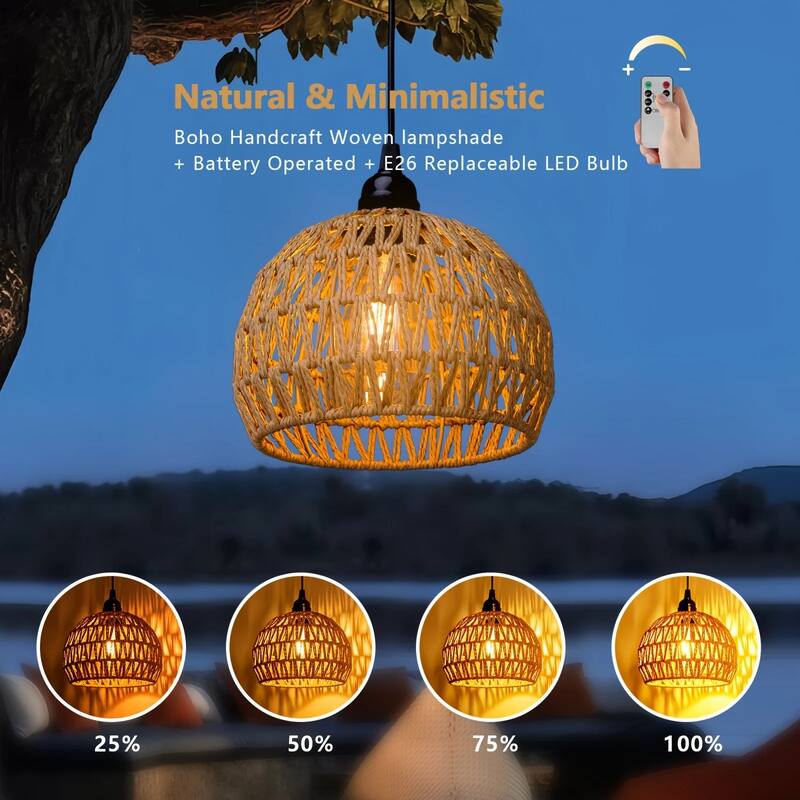 Battery Operated Boho Rattan Pendant Light - 7.8 in Dia - 7.8 in Dia