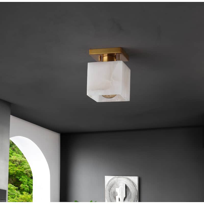 Chiara 5" 1-Light Modern Contemporary Alabaster/Iron Cube LED Semi Flush Mount, White Marbling/Brass Gold by JONATHAN Y